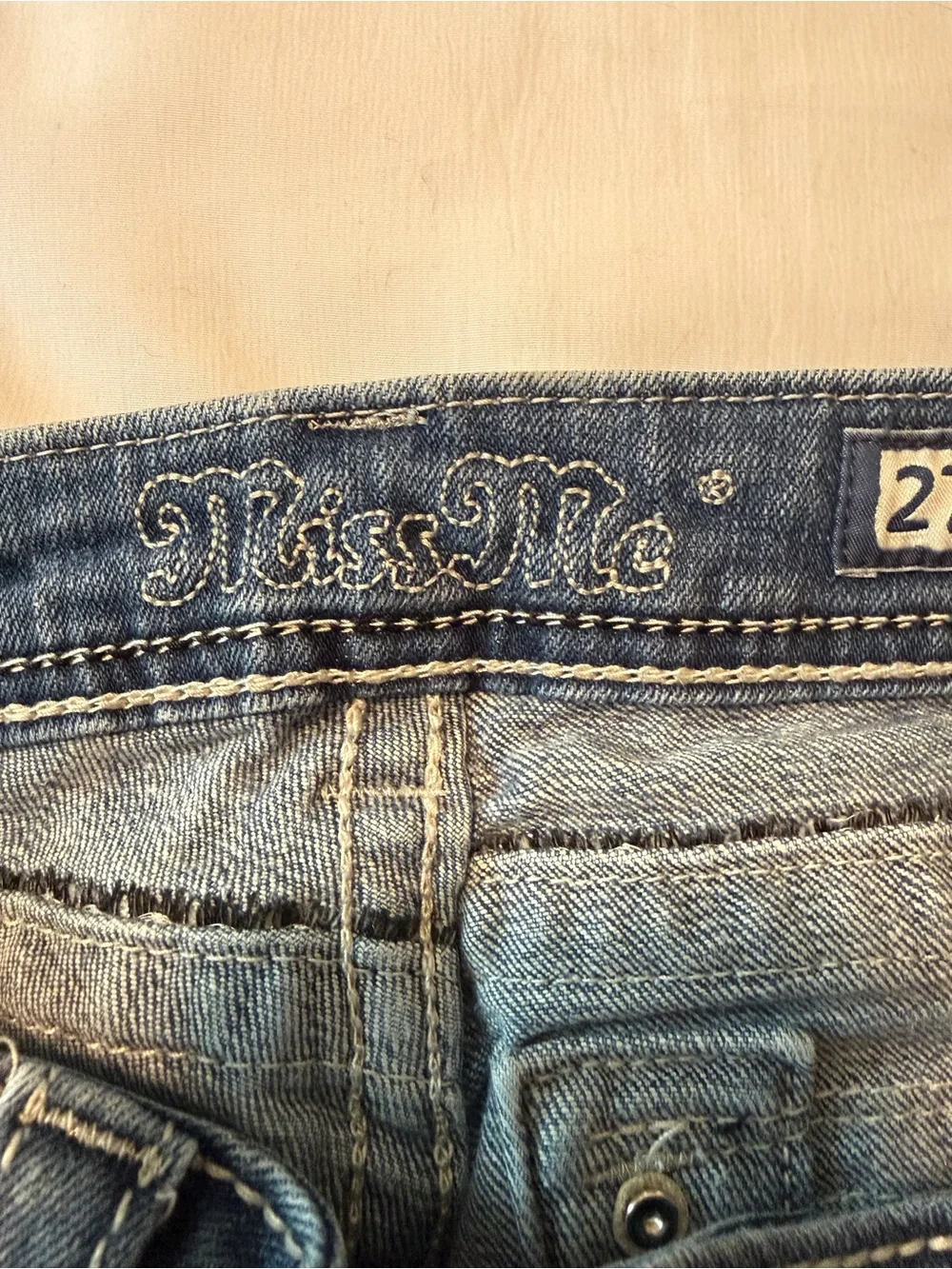Miss Me Easy Boot Jeans 27 Low Rise Medium Wash Embellished Flap Pockets